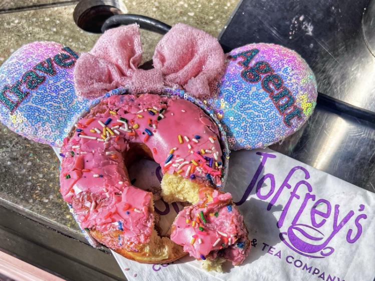 Travel Agent Minnie ears with a pink donut, from Joffrey's